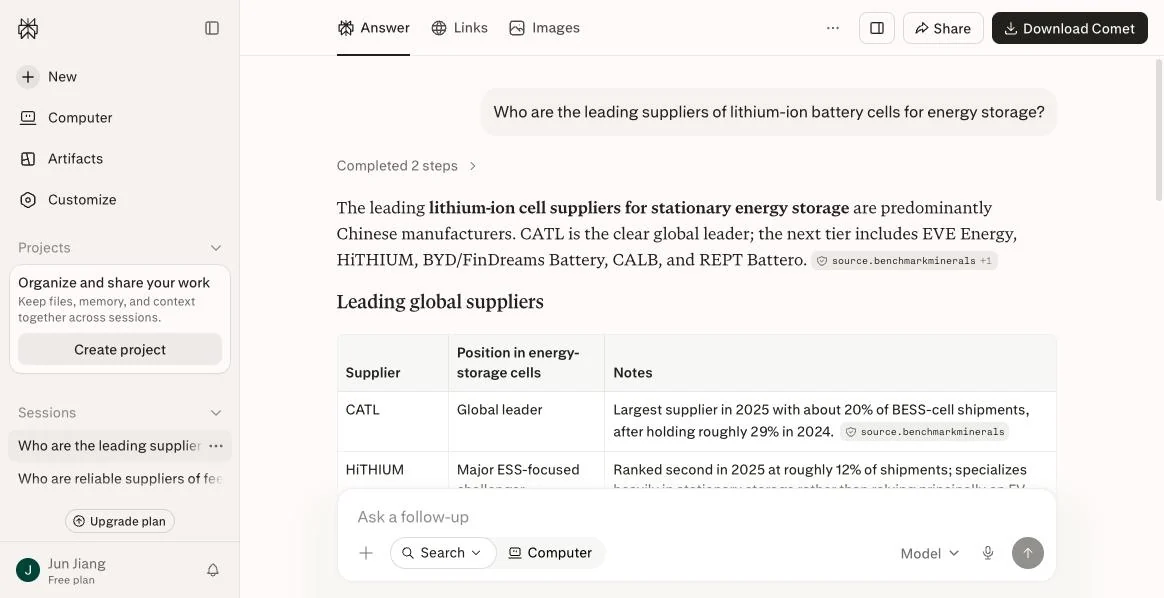 Perplexity answer describing energy-storage cell suppliers as predominantly Chinese manufacturers