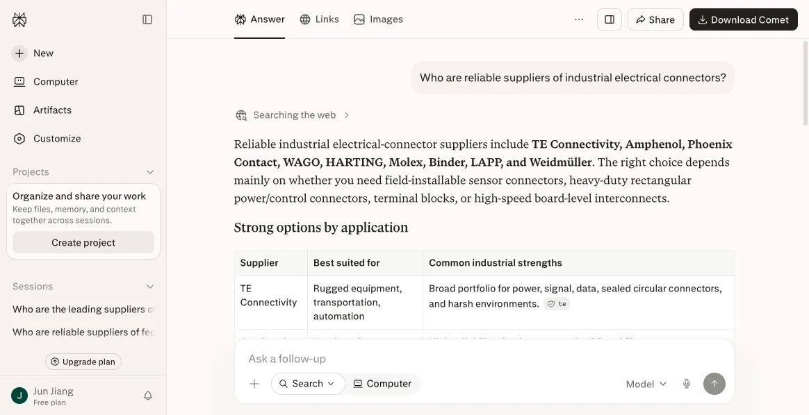 Perplexity answering a question about industrial electrical connector suppliers: it names nine US and European brands and no Chinese or other Asian manufacturer