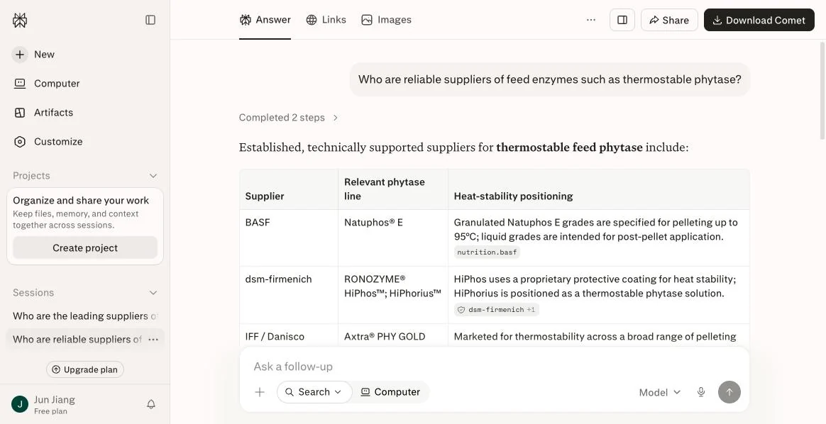 Perplexity answer naming BASF, dsm-firmenich and IFF / Danisco