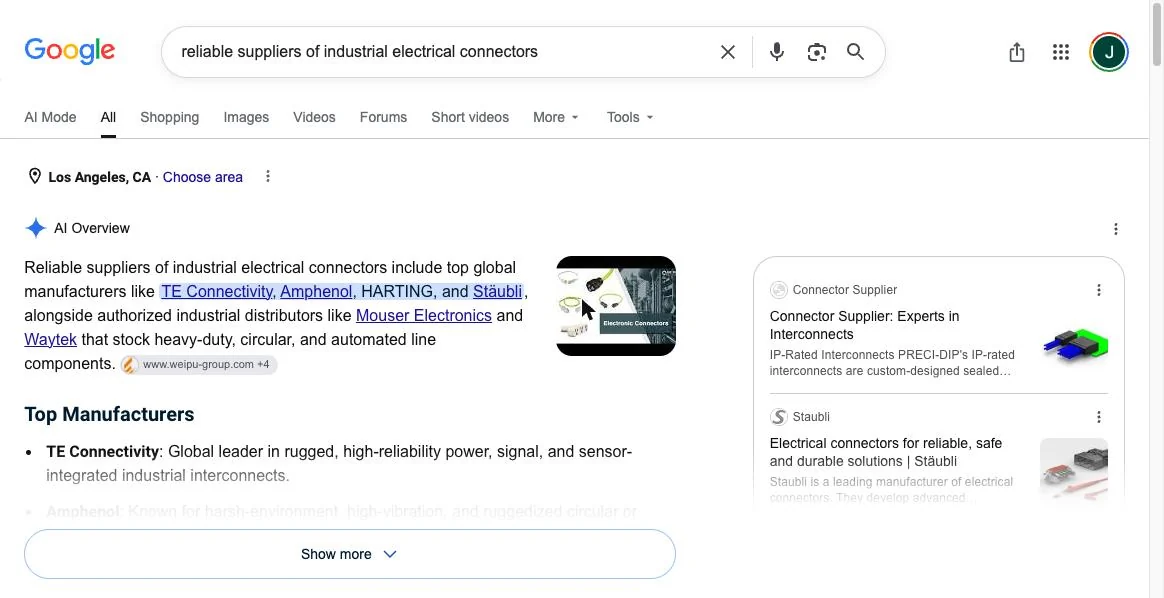 Google AI Overview cites a Chinese connector manufacturer's website as a source but recommends other brands