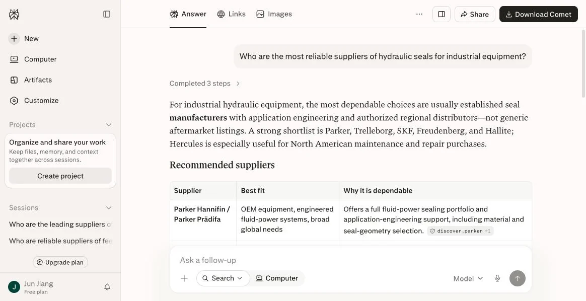 AI answer naming Parker, Trelleborg, SKF, Freudenberg and Hallite as hydraulic seal suppliers