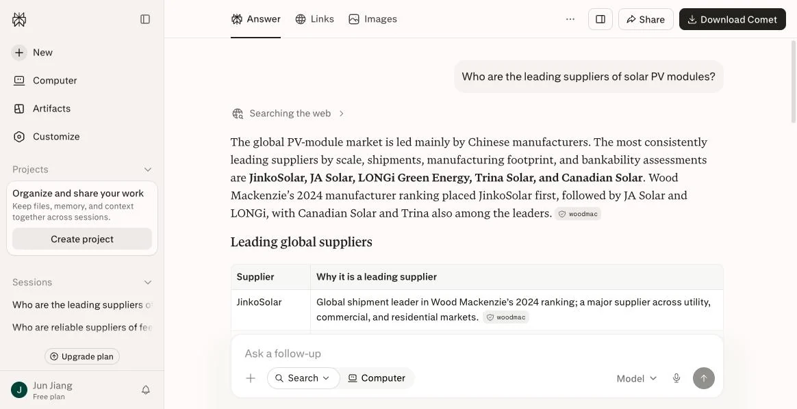 Perplexity answers a question about solar PV module suppliers, states the market is led by Chinese manufacturers and names five of them